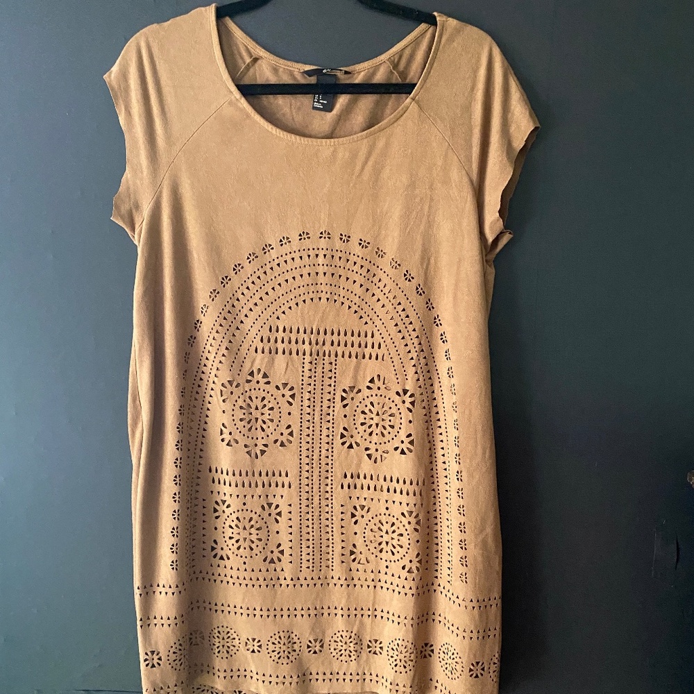 H&M Tan Faux Suede Laser Cut Bohemian Mini Dress Stretchy Size Small